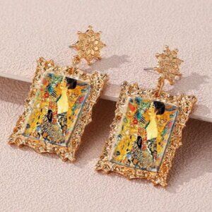 Lady With A Fan Klimt Painting Earrings Drop Post Retro Jewelry Gift Art